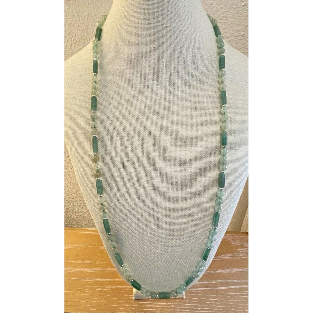 Green Jadeite Round Rectangle Bead Station Necklace